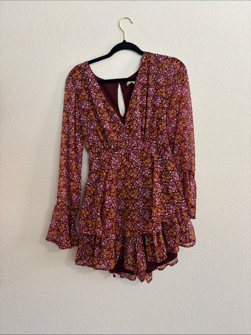 Floral V-Neck Long Sleeve Romper Dress in Burgundy Pink